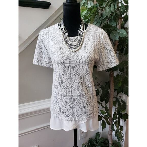 Anthropologie Pleione White Floral Nylon Round Neck Short Sleeve Blouse Large - Picture 12 of 12